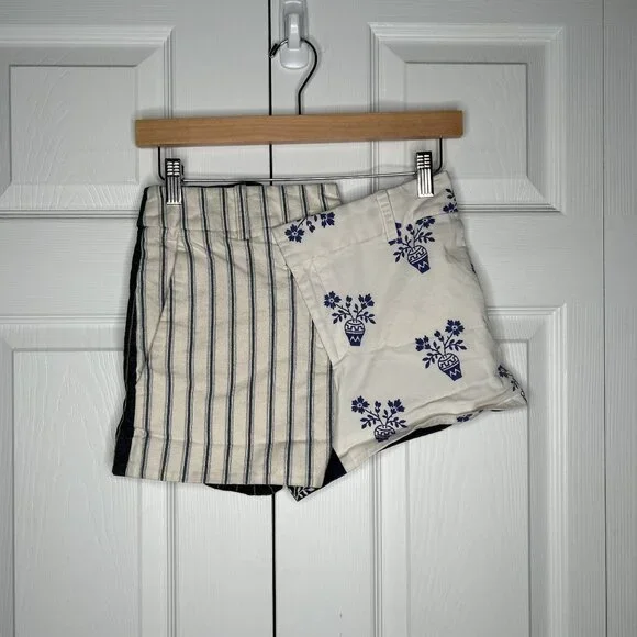 MONSE White Blue Flower Pot Striped Asymmetrical Shorts Women's Size 0